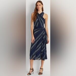 RALPH LAUREN Womens Navy Pleated Lined Striped Sleeveless Halter Midi Dress NWT